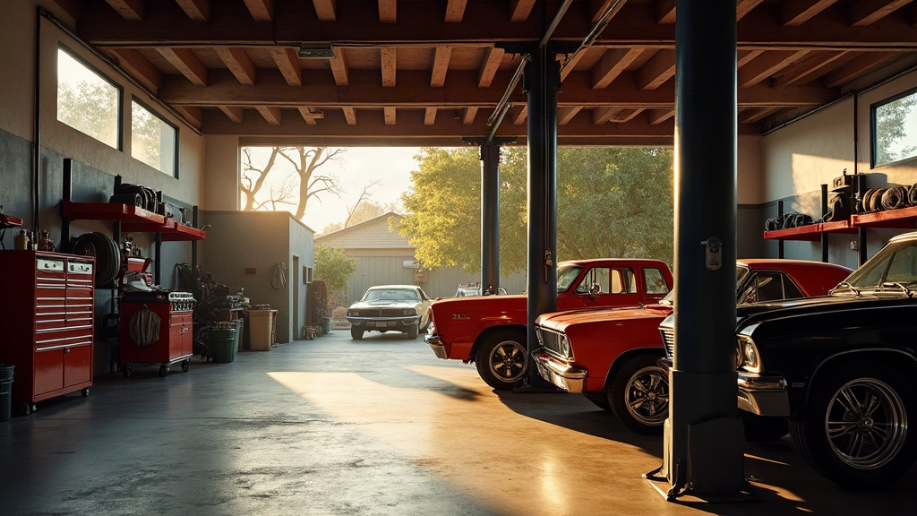 J&H Automotive service bay at dusk
